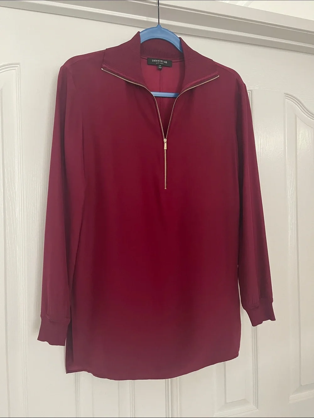Lafayette 148 silk Wine red burgundy High-Neck half zipped Long Sleeve Tunic